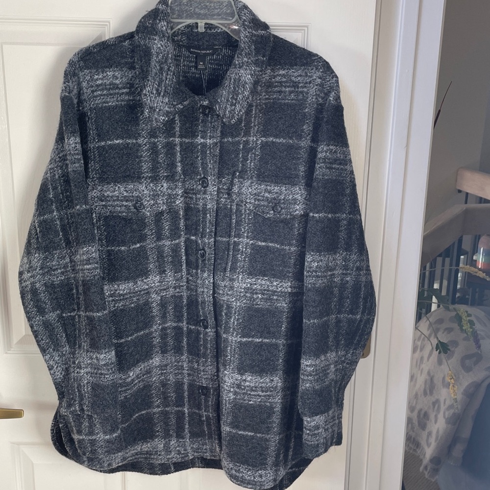 Banana Republic Charcoal and Black Plaid Button Down Jacket